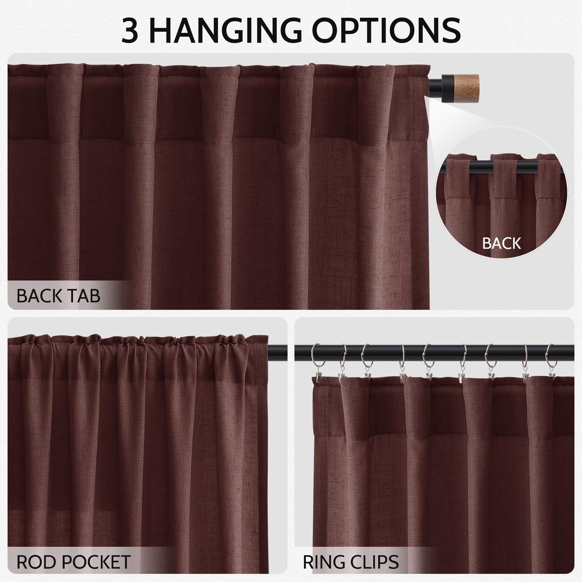 Nanspring Reddish Brown Linen Blend Light Filtering Back Tab Curtains 108 Inches Long, Semi Sheer Privacy Drapes for Living Room & Bedroom, 52x108 inch, 2 Panels