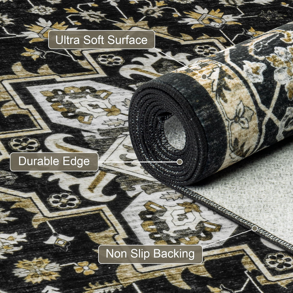 ExpediX 9x12 Area Rugs Living Room: Washable Rug for Bedroom Black Gold