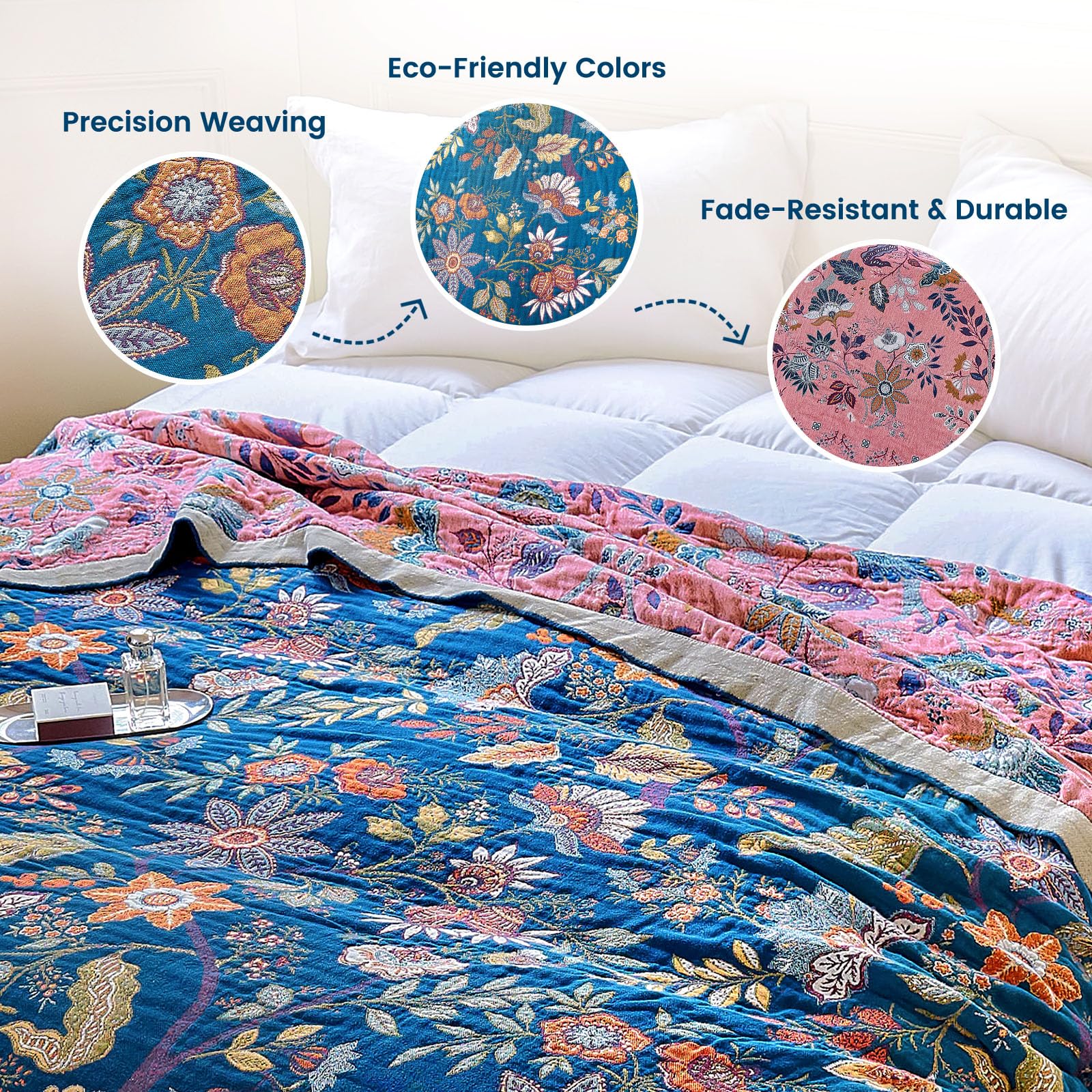 MSGKV Boho Throw Blanket 50"x60" Summer Cotton Blue Floral Throw for Couch