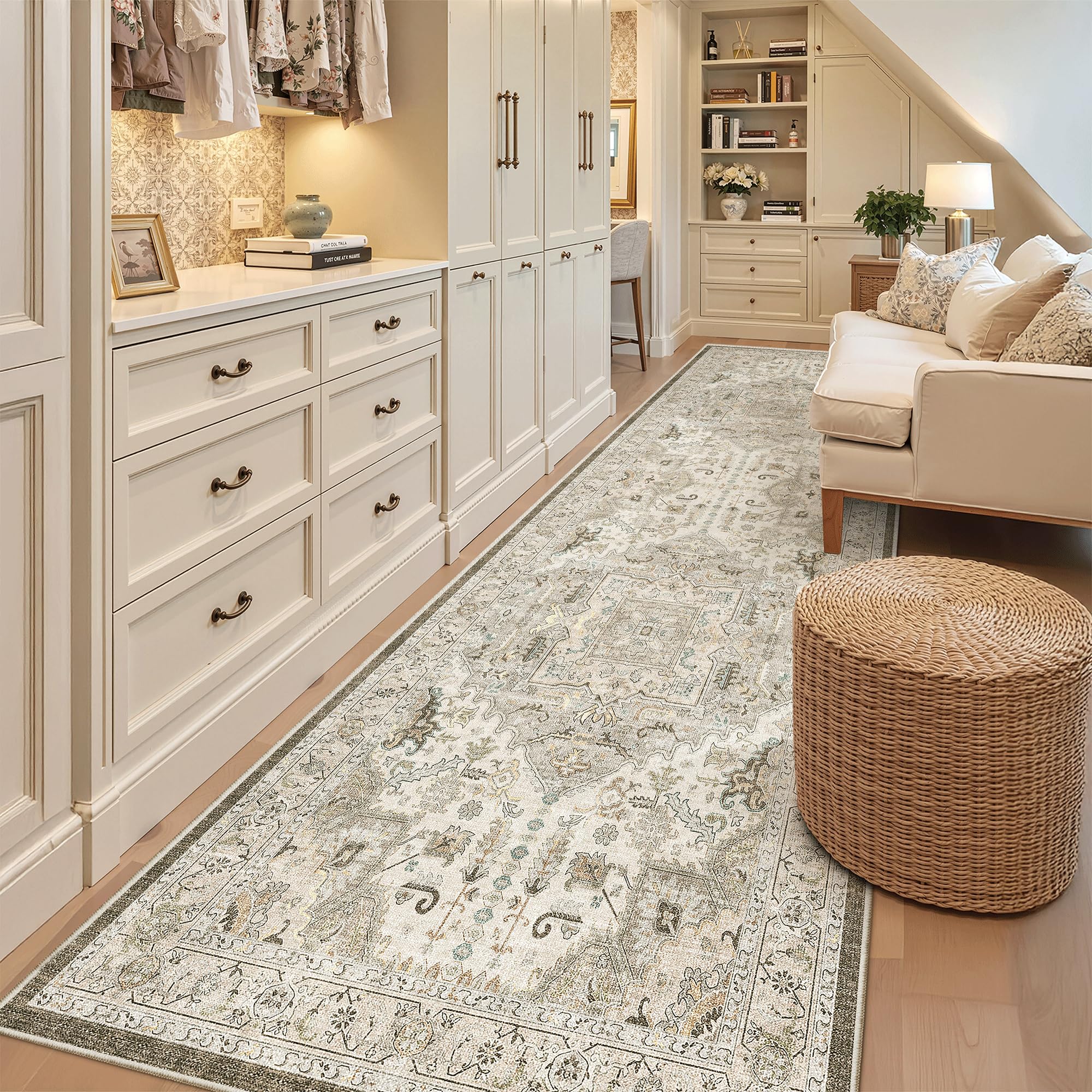Madane Hallway Runner Rug 3x10 Washable Kitchen Runners 10ft, Ivory/Brown