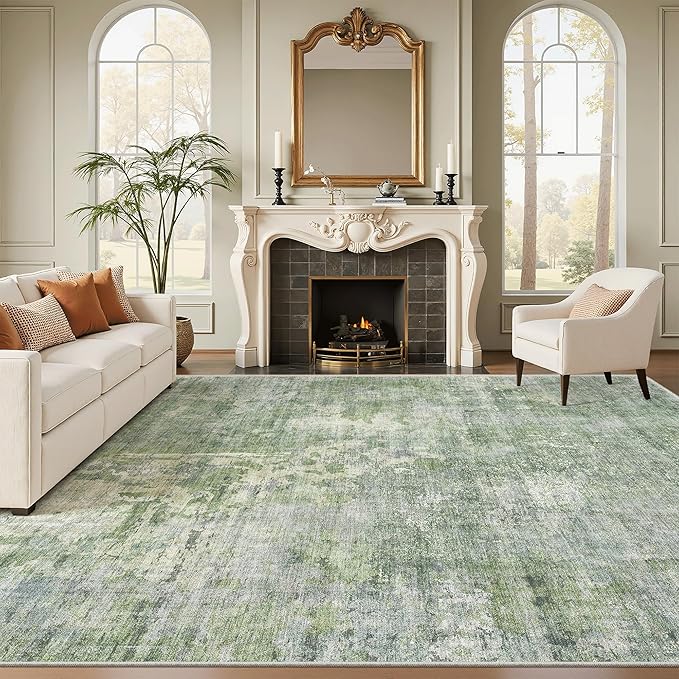 Soalmost Abstract Rug 8x12 Large Living Room Area Rugs Washable Green/Ivory