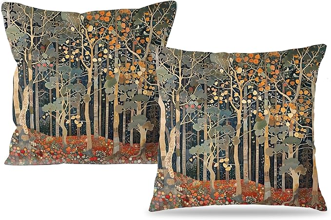 BUJSP Rustic Autumn Forest Pillow Covers 18x18 Set of 2, Fall Home Room Decor, Vintage Botanical Nature William Morris Inspired Decorative Throw Pillow Covers for Home Bedroom Living Room