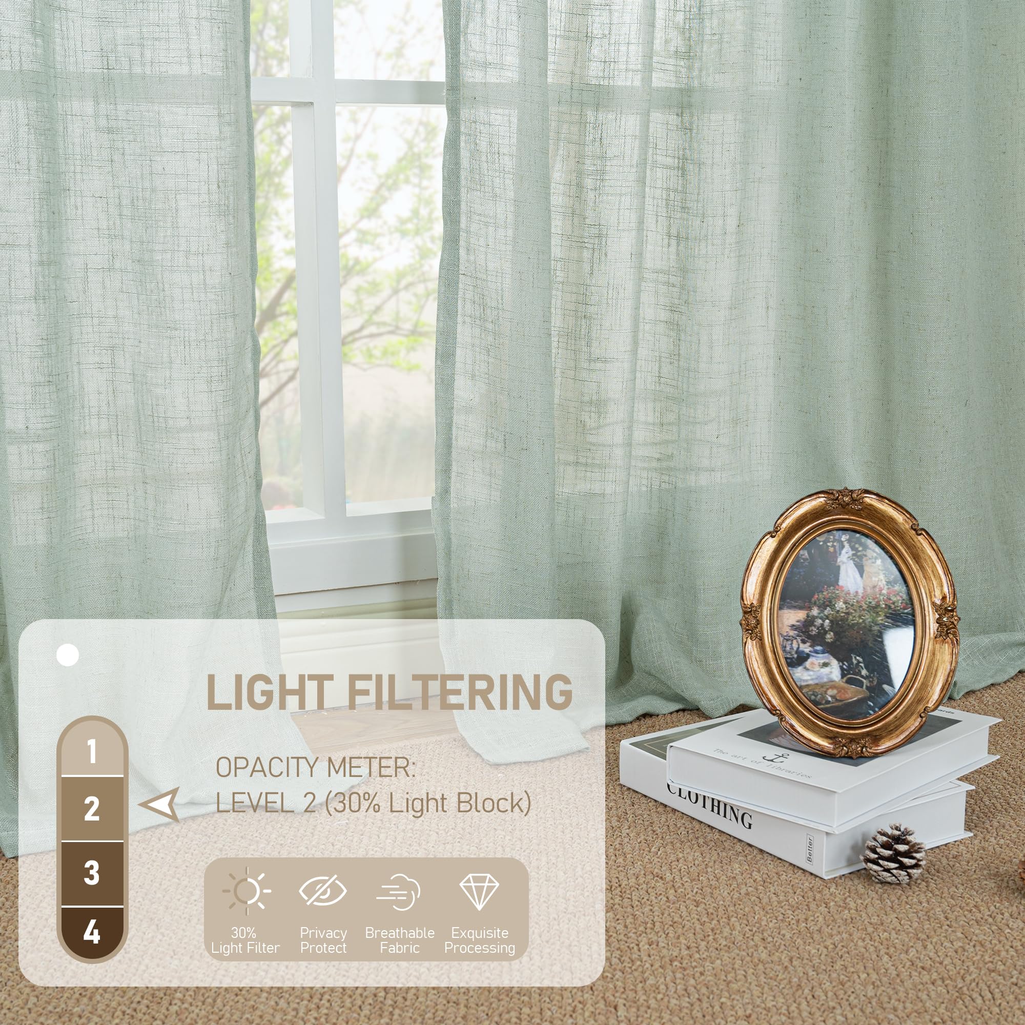 LAMIT Light Sage Linen Sheer Curtains for Bedroom 84 Inches Long, 2 Panels
