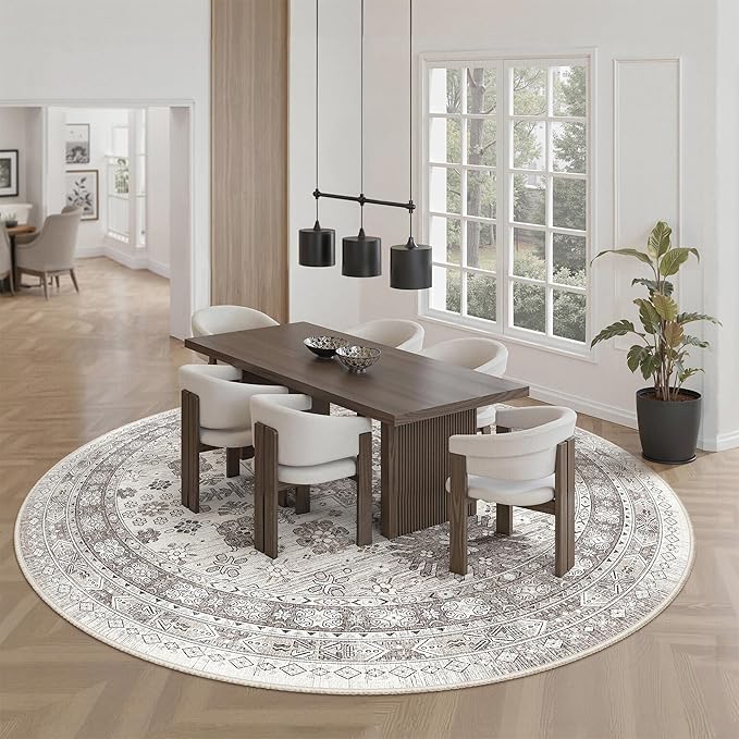 zesthome 8ft Round Rugs for Living Room, Non-Slip Washable Round Area Rugs, Ultra-Thin Large Circle Rugs, Soft Low Pile Rug for Bedroom, Kitchen - Vintage Stain Resistant Round Rug (Brown/Beige,8'x8')