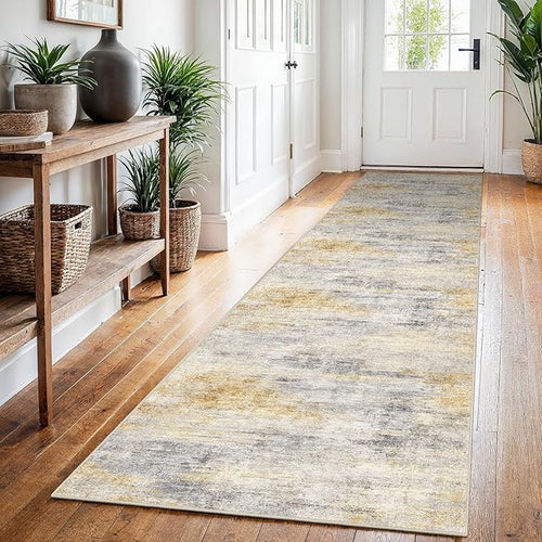 2'6x12 Runner Rug Washable Abstract: Non Slip Hallway Floor Mat Grey/Yellow