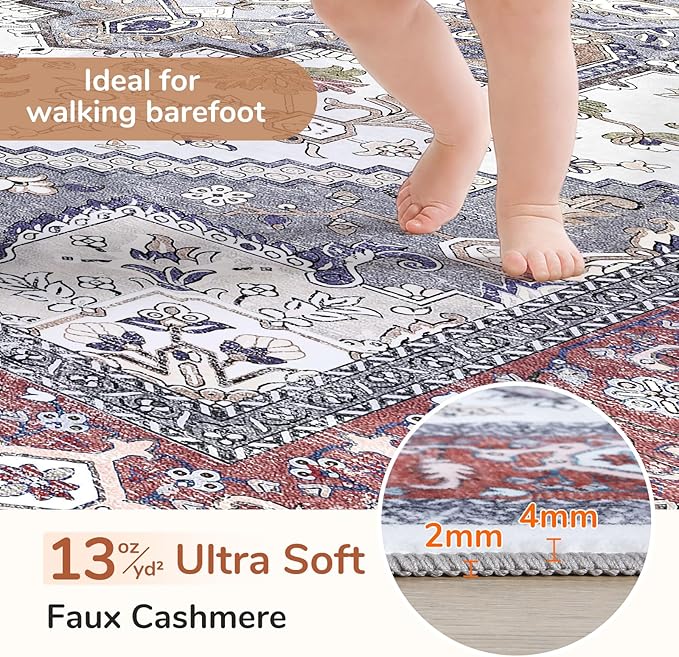 OPPODREAM Soft Entryway Rug 2x10, 2x10 Rug Runner, Washable Hallways Carpet 2 x 10 with Non Slip Backing, Low-Pile Bedside Carpet 2 x 10, Long, Faux Cashmere, Red & Grey