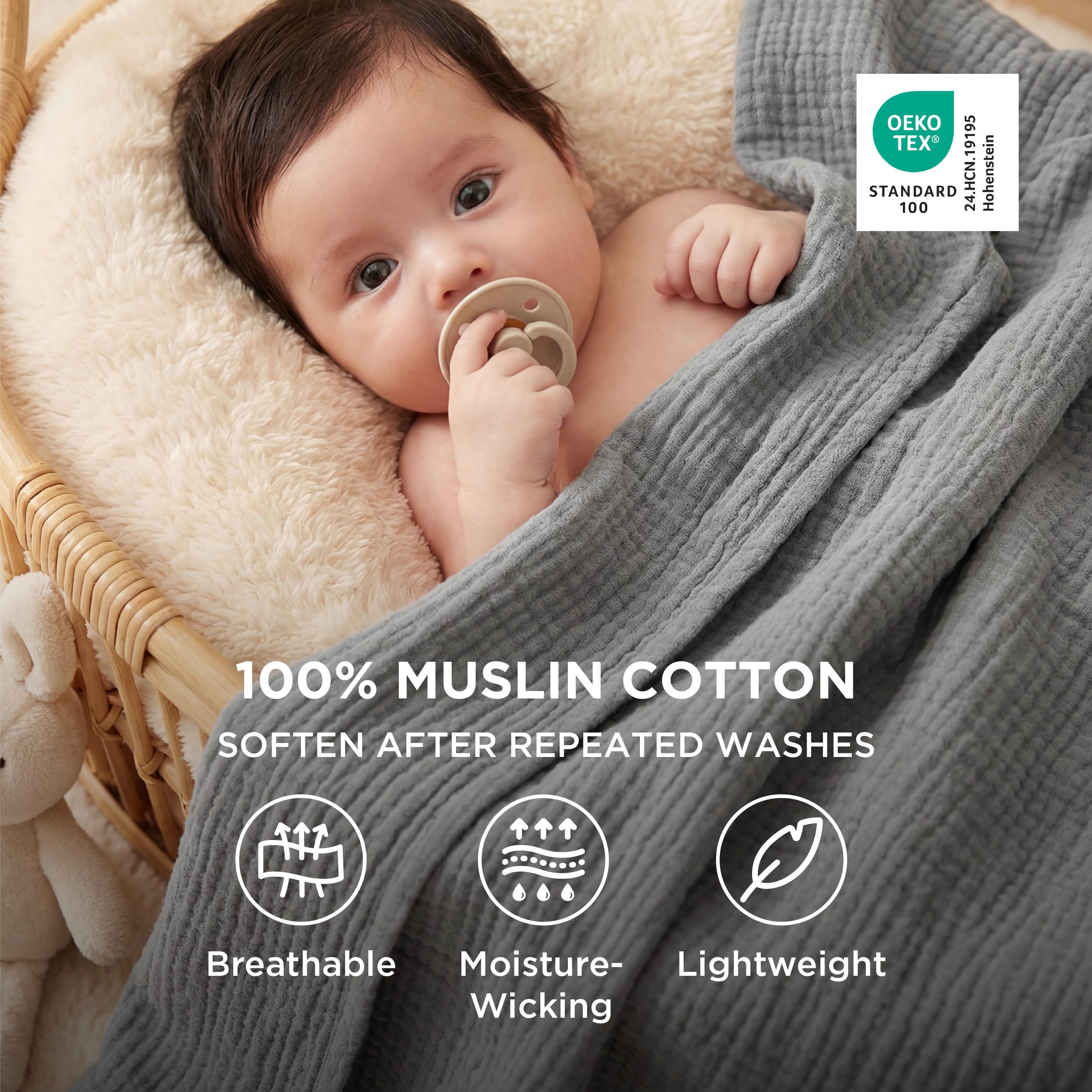 Bedsure 100% Cotton Muslin Blanket Queen Size for Bed - 4-Layer Breathable and Lightweight Thin Soft Summer Gauze Muslin Blankets for Adults, Grey, 90x90 Inches