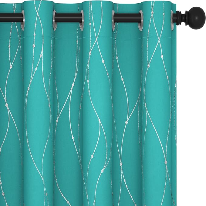 Deconovo Blackout Curtains for Living Room, Thermal Insulated Soundproof Drapes with Wave Dot Foil Print, 52 x 84 Inch, Set of 2, Machine Washable Window Curtain for Bedroom Nursery Kitchen, Turquoise