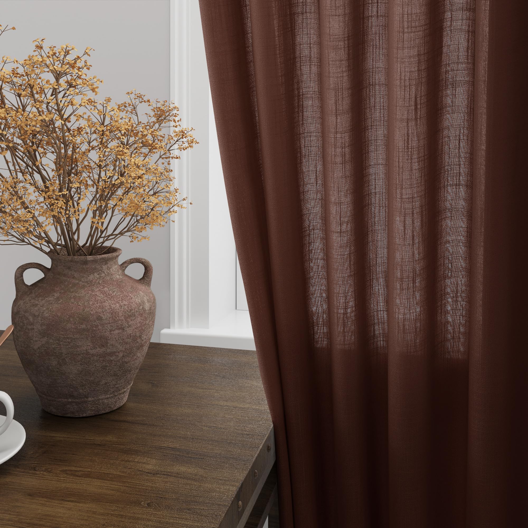Extra Long Rustic Brown Linen Curtains 120 Inch for Living Room 2 Panels Set Rod Pocket Back Tab Light Filtering Semi Sheer Linen Window Drapes Privacy High Ceiling Drapes for Farmhouse 52x120