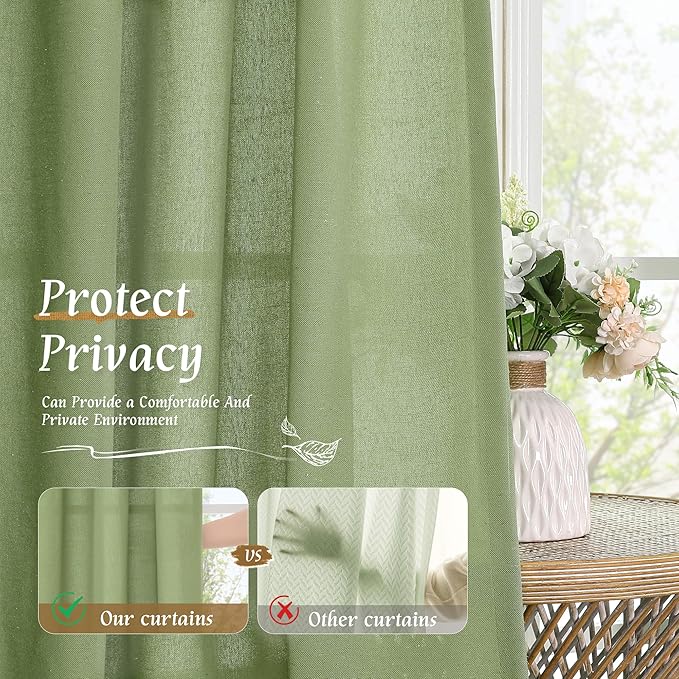 LAMIT Sage Green Linen Curtains 63 inch Length for Bedroom, Faux Linen Light Filtering Window Treatments Neutral Rod Pocket Drapes for Living Room/Farmhouse, 2 Panels Set, 52 x 63 Inch