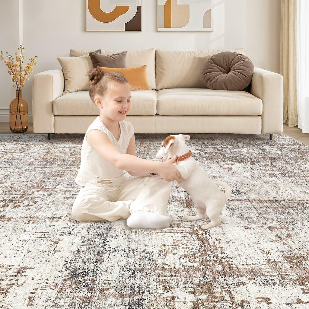 UERMEI 7x9 Area Rug Living Room Rugs - Washable Neutral Modern Abstract Soft Thin Rug Indoor Floor No Slip Rug Carpet for Bedroom Under Dining Table Home Office Decor - Brown/Grey/Red