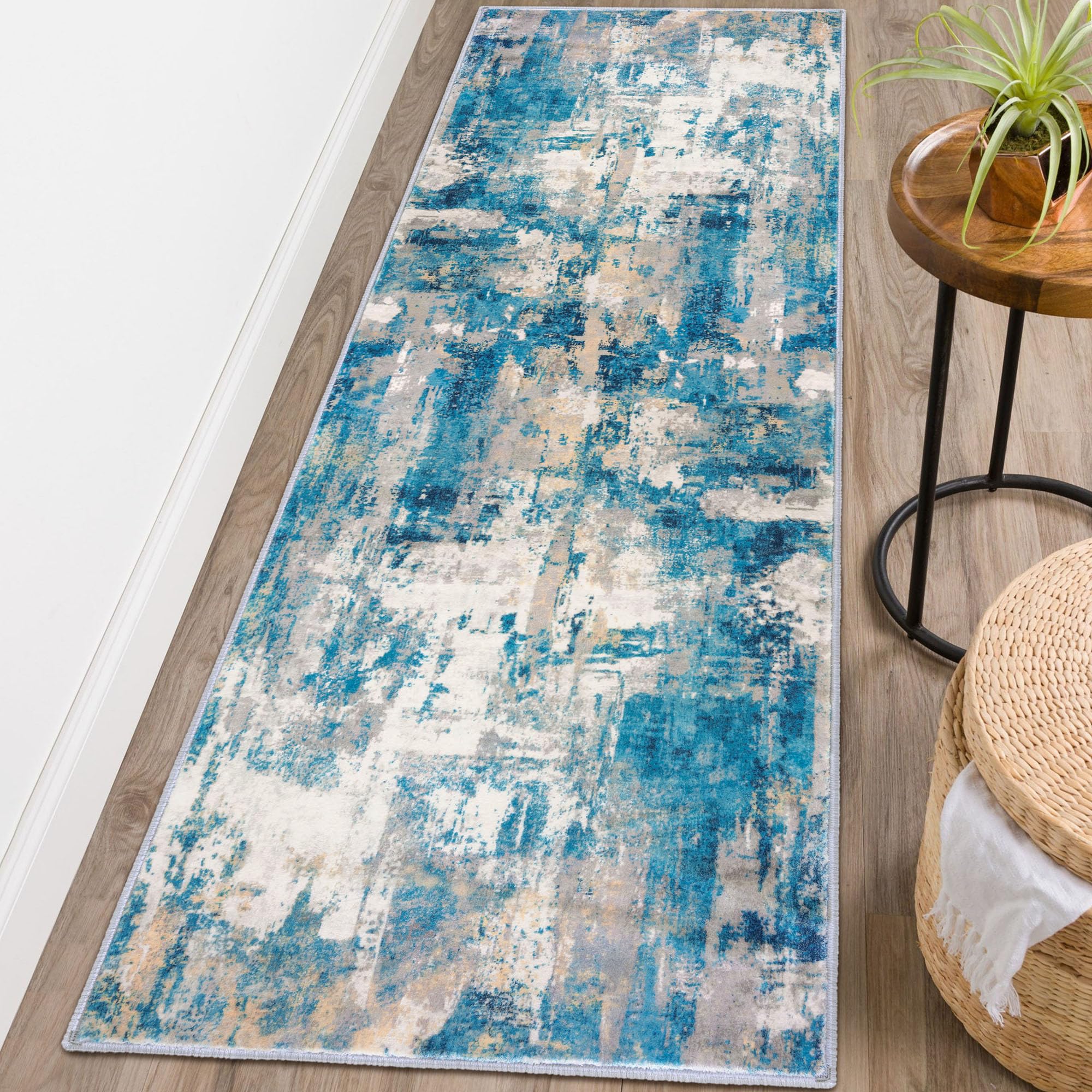 KOZYFLY Modern Abstract Runner Rug 2x6 Turquoise/Beige/Grey/Yellow Runners for Hallways Kitchen Rug Non Slip Washable Carpet Rug Runner Laundry Mat with Soft Low Pile for Entryway Bathroom Bedroom