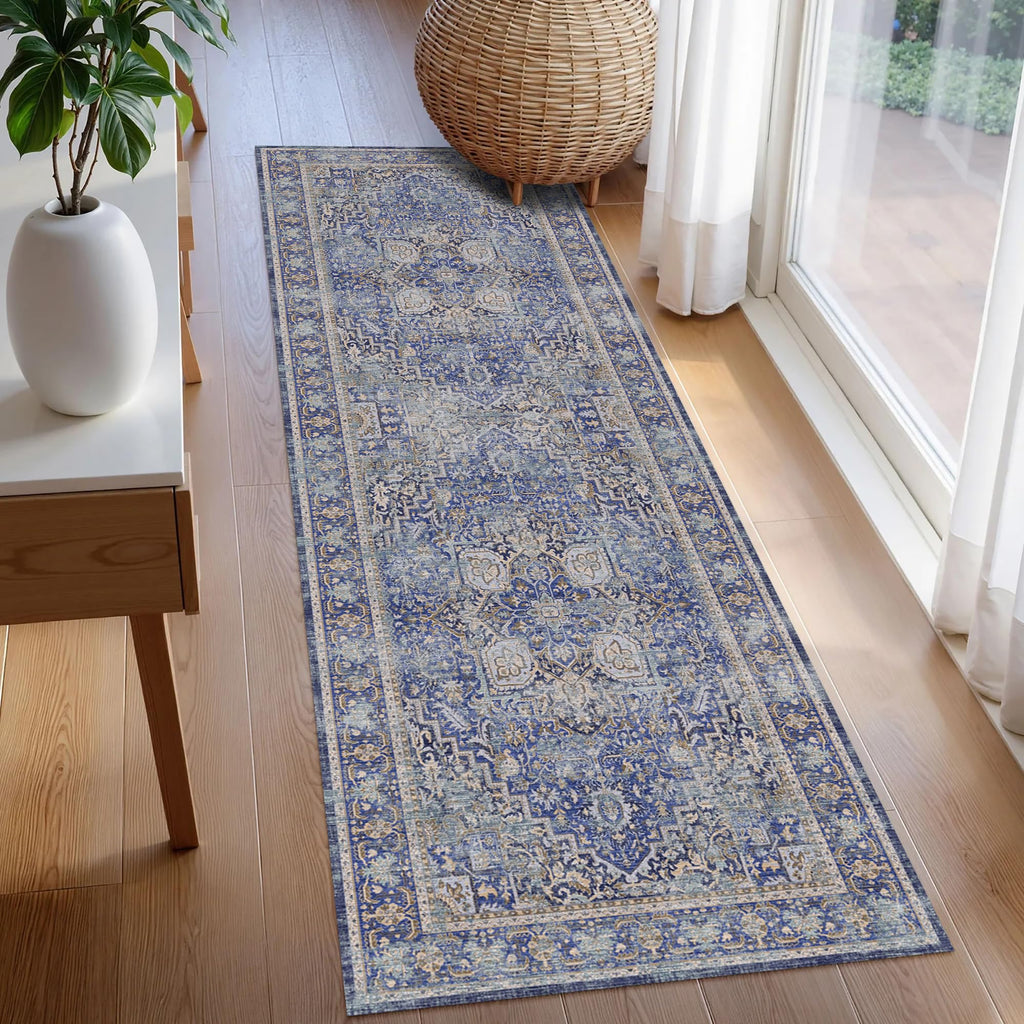 Washable Area Rug 2'6'' x 8' Vintage Traditional Persian Mat - Foldable Distressed Non-Slip Machine Washable Carpet for Living Room Bedroom Kitchen Home Decor - Indigo and Gold