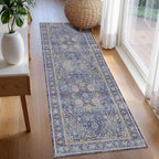 Washable Area Rug 2'6'' x 8' Vintage Traditional Persian Mat - Foldable Distressed Non-Slip Machine Washable Carpet for Living Room Bedroom Kitchen Home Decor - Indigo and Gold