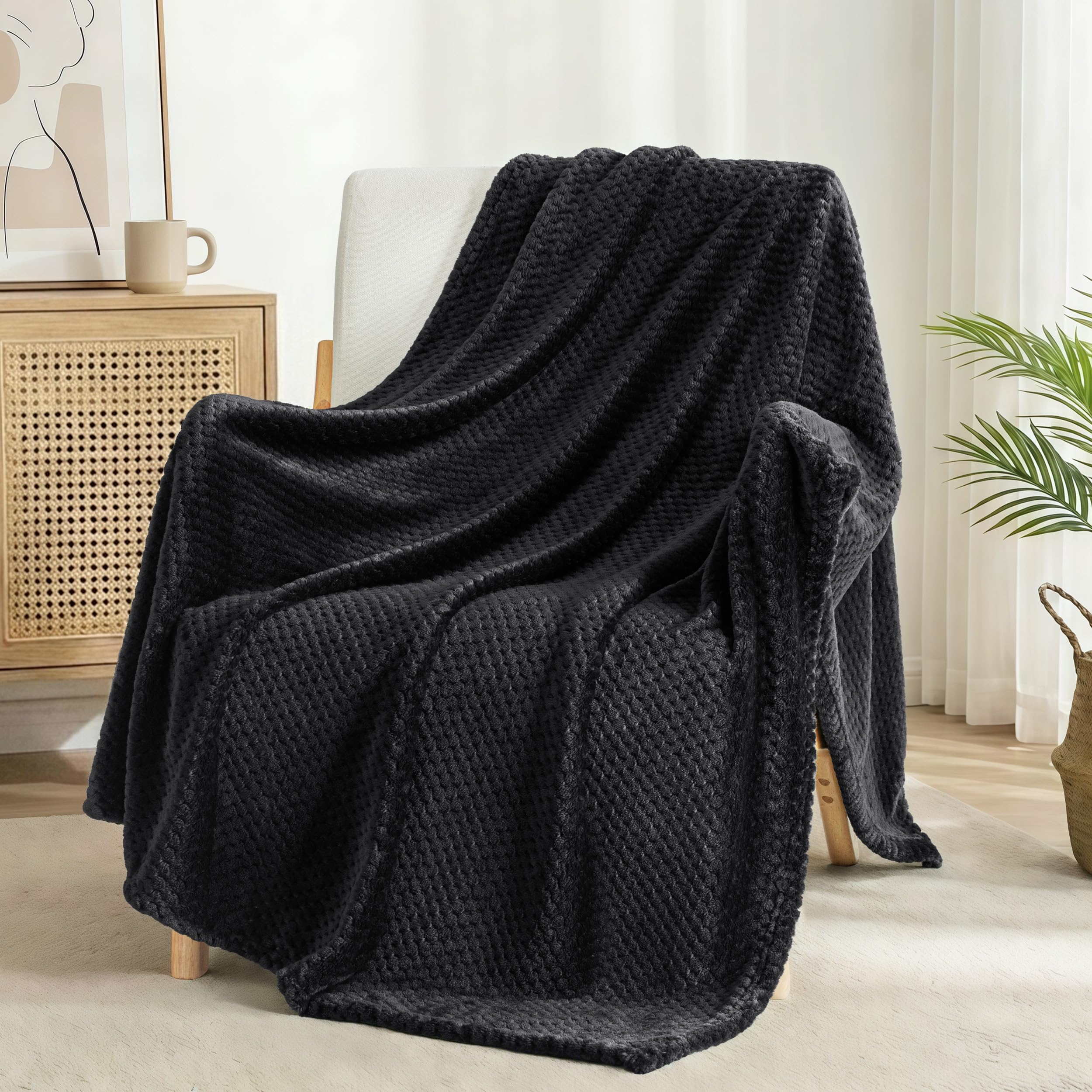 Exclusivo Mezcla Soft Waffle Fleece Bed Blanket Queen Size, Black