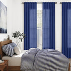 Classic Blue Linen Curtains 90 Inch Long 2 Panels Set for Bedroom Living Room Linen Textured Window Drapes Semi Sheer Light Filtering Rod Pocket Back Tab Cotton Textured Farmhouse Curtain 52x90