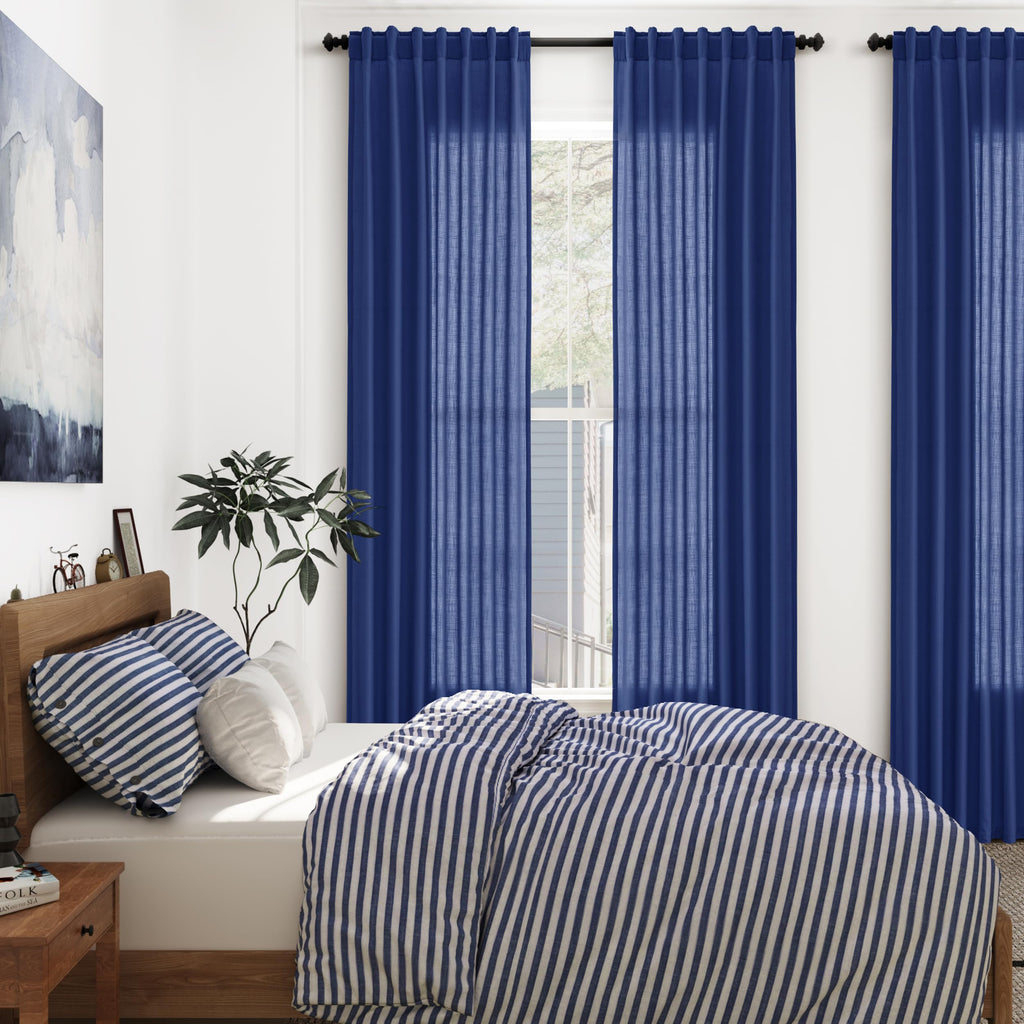Nanspring Classic Blue Linen Curtains 108 Inches Long for Living Room Bedroom 2 Panels Set Extra Long Back Tab Curtain Light Filtering Sheer Drapes Floor to Ceiling Curtain for Large Windows 52x108