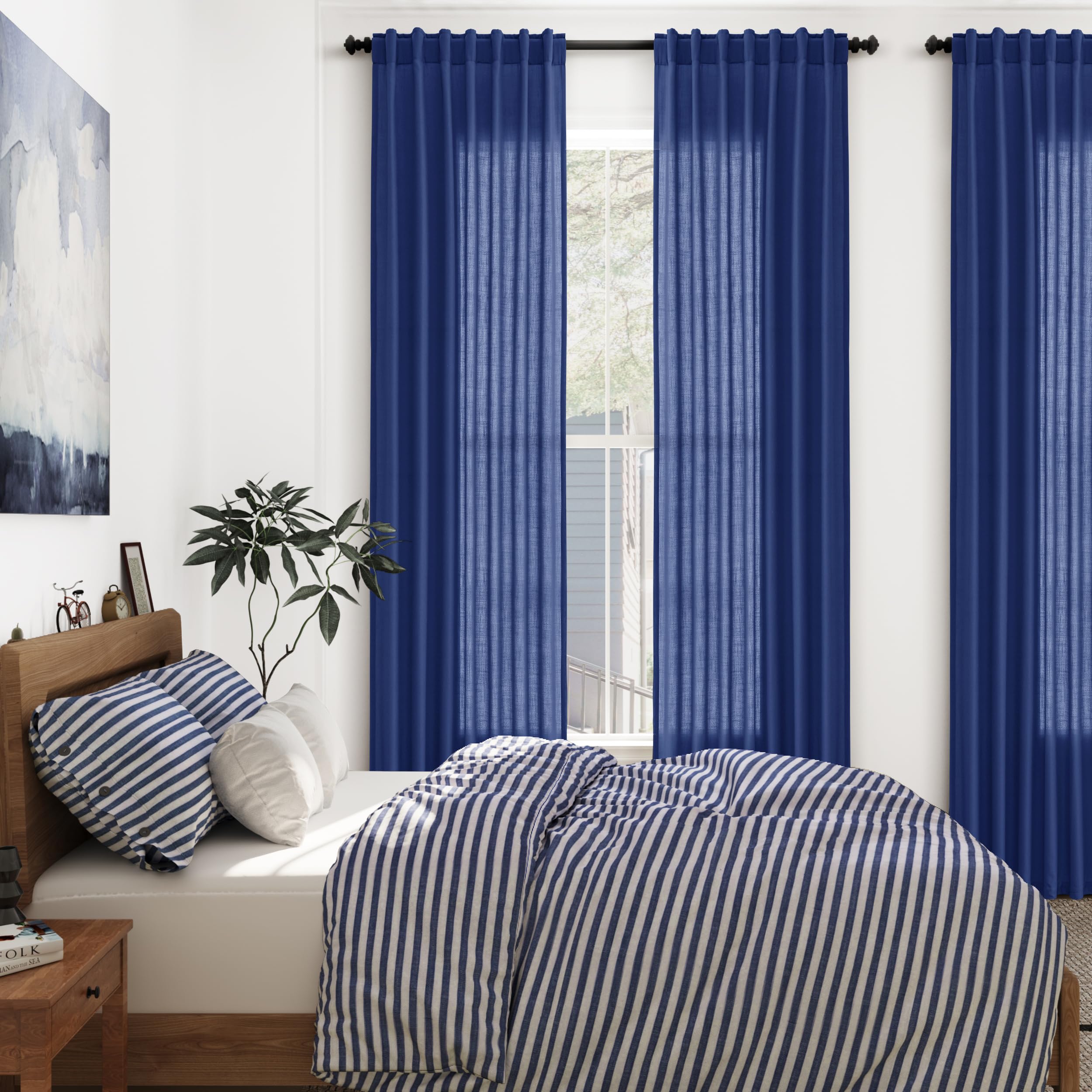 Nanspring Classic Blue Linen Curtains 108 Inches Long for Living Room Bedroom 2 Panels Set Extra Long Back Tab Curtain Light Filtering Sheer Drapes Floor to Ceiling Curtain for Large Windows 52x108