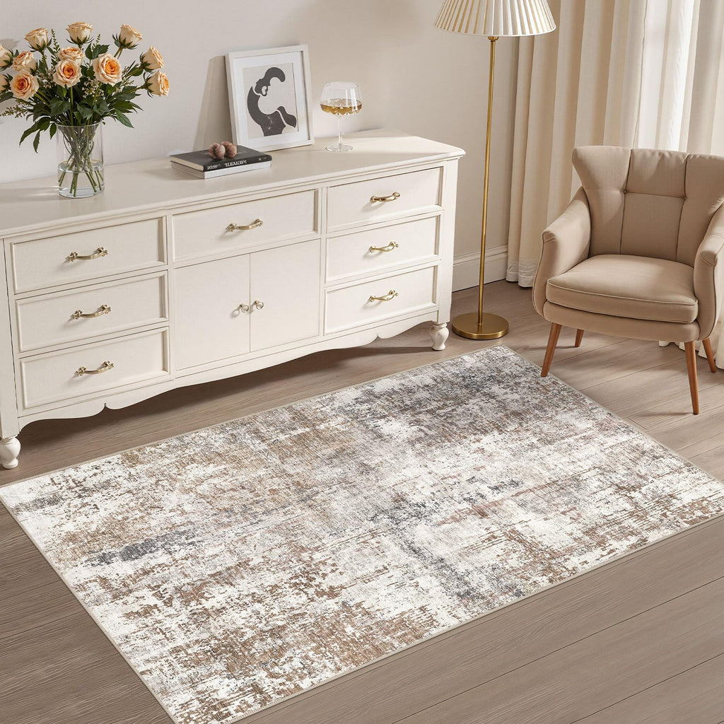 UERMEI 3x5 Area Rug Living Room Rugs - Washable Neutral Modern Abstract Soft Thin Rug Indoor Floor No Slip Rug Carpet for Bedroom Under Dining Table Home Office Decor - Brown/Grey/Red