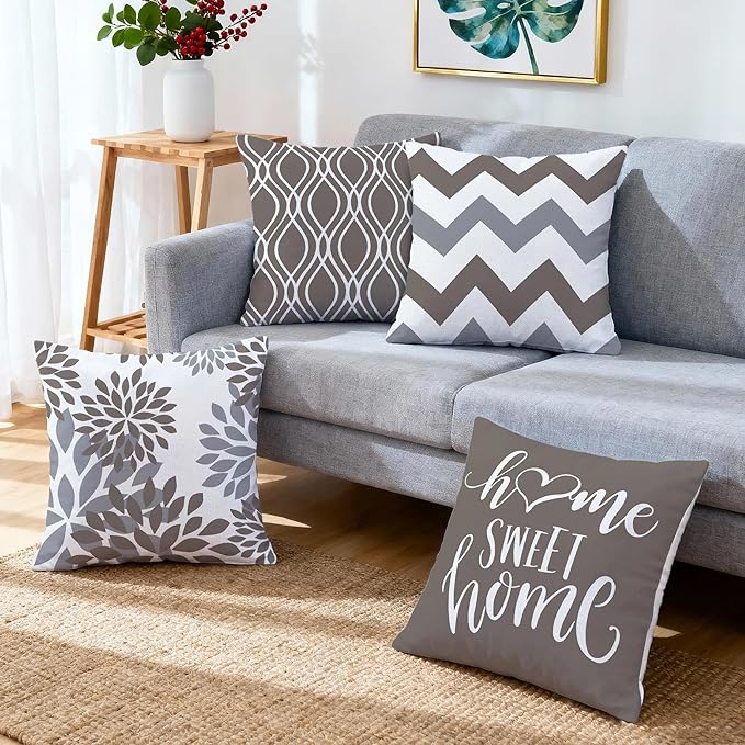 Hexagram Geometric Grey Pillow Covers 18x18 Set of 4, Decorative Outdoor Boho Modern Throw Pillow Covers, Home Sweet Home Farmhouse Cushion Case for Couch Sofa Bedroom Indoor Decor(No Insert)