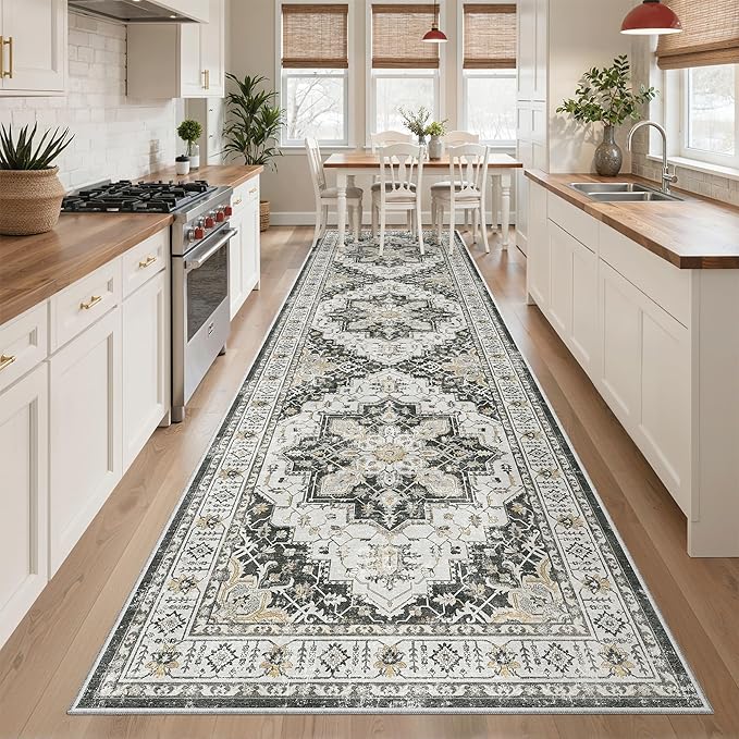 Madane 3x12 Hallway Runner Rug - Non Slip Washable 12ft Runner for Hallways Soft Vintage Kitchen Rugs Low-Pile Carpet Runner for Entryway Bathroom Thin Floor Mat for Bedroom Dining Room, Black