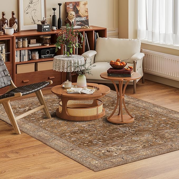 Washable Area Rug 8' x 10' Vintage Traditional Persian Mat - Foldable Distressed Non-Slip Machine Washable Carpet for Living Room Bedroom Kitchen Home Decor - Bronze and Ivory