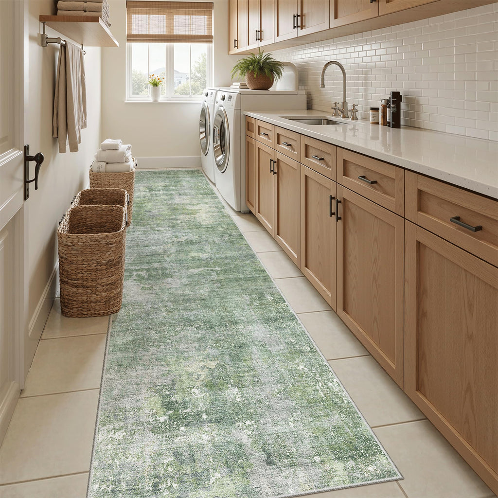 Soalmost Abstract Runner Rug 2x12 Hallway Kitchen Runners Green/Ivory