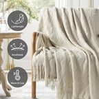 BOURINA Beige Throw Blanket 50x60 Inches Throw Textured Solid Soft Ripple Throws and Blankets for Sofa or Bed Knitted Decorative Bla