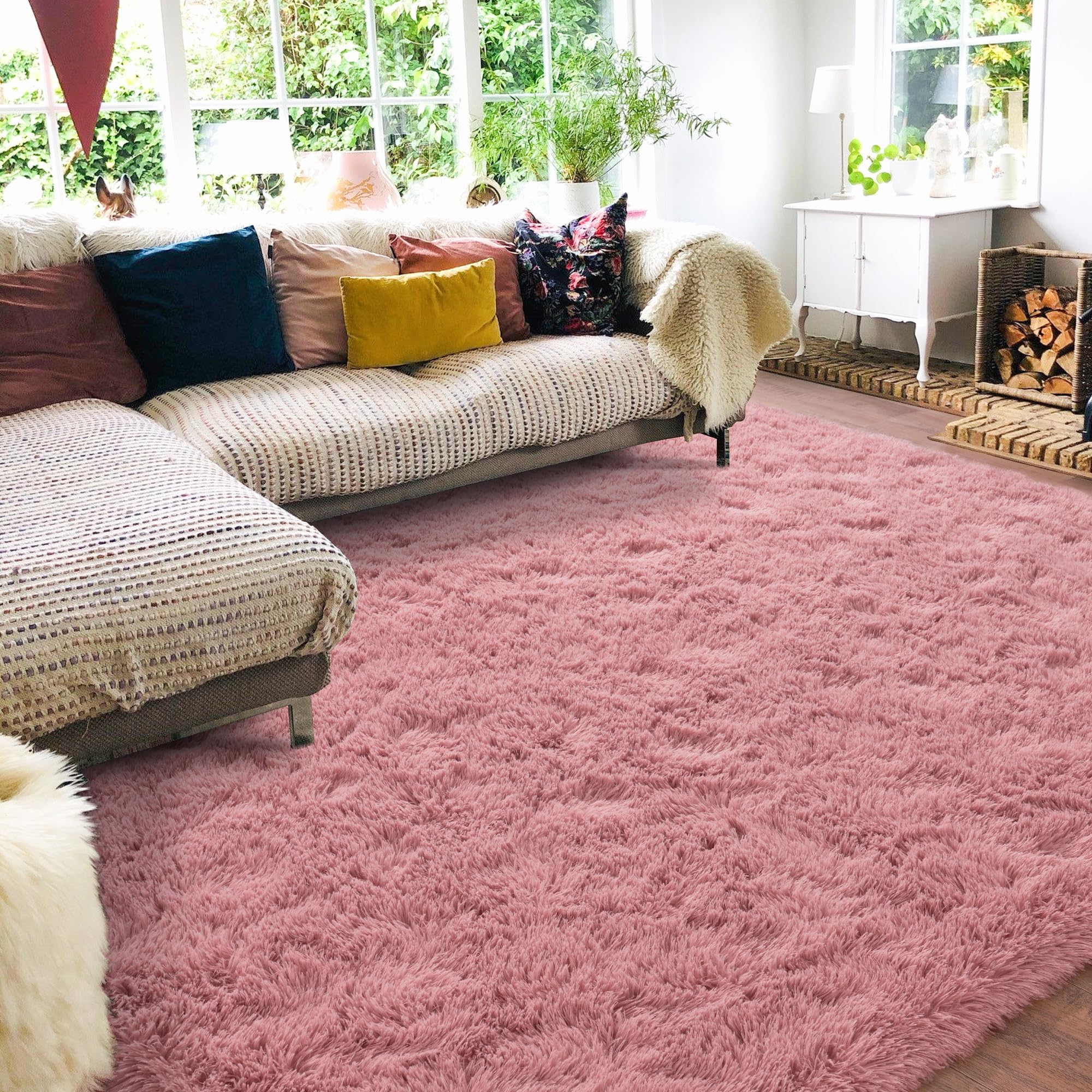 Quntue Rugs for Living Room 8x10, Soft Shaggy Modern Shag Area Rug for Bedroom, Upgrade Non-Slip Plush Fluffy Carpet for Kids Boys Girls Room Home Decor Aesthetic, Blush