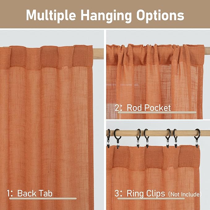 LAMIT Burnt Orange Linen Curtains 45 Inch Length 2 Panels, Light Filtering Panels Back Tab and Rod Pocket Country Decor Drapes for Kitchen/Window/Loft Room/Bedroom, 34 x 45 Inch