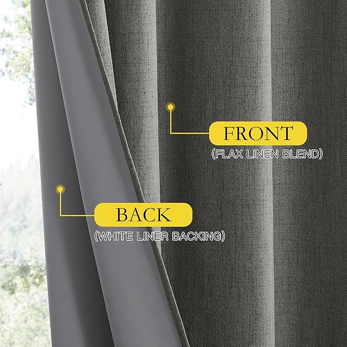 NICETOWN Grizzle Gray Vintage Linen 100% Blackout Curtains for Living Room, Thermal Insulated Curtains 72" Long, Noise Reducing Window Treatment Drapes for Hall Room, 52" Wide Per Panel, Set of 2