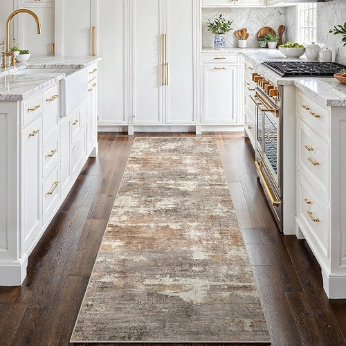 2'6"x8 Runner Rug Washable Abstract: Non Slip Kitchen Floor Mat Brown/Brick