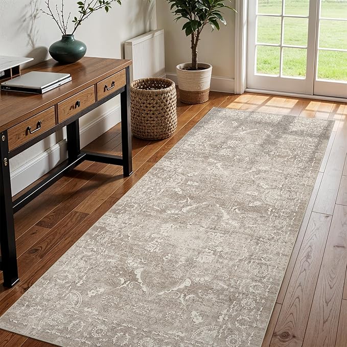 3x8 Washable Runner Rug: Vintage Medallion Kitchen Soft Rugs NaturalBeige