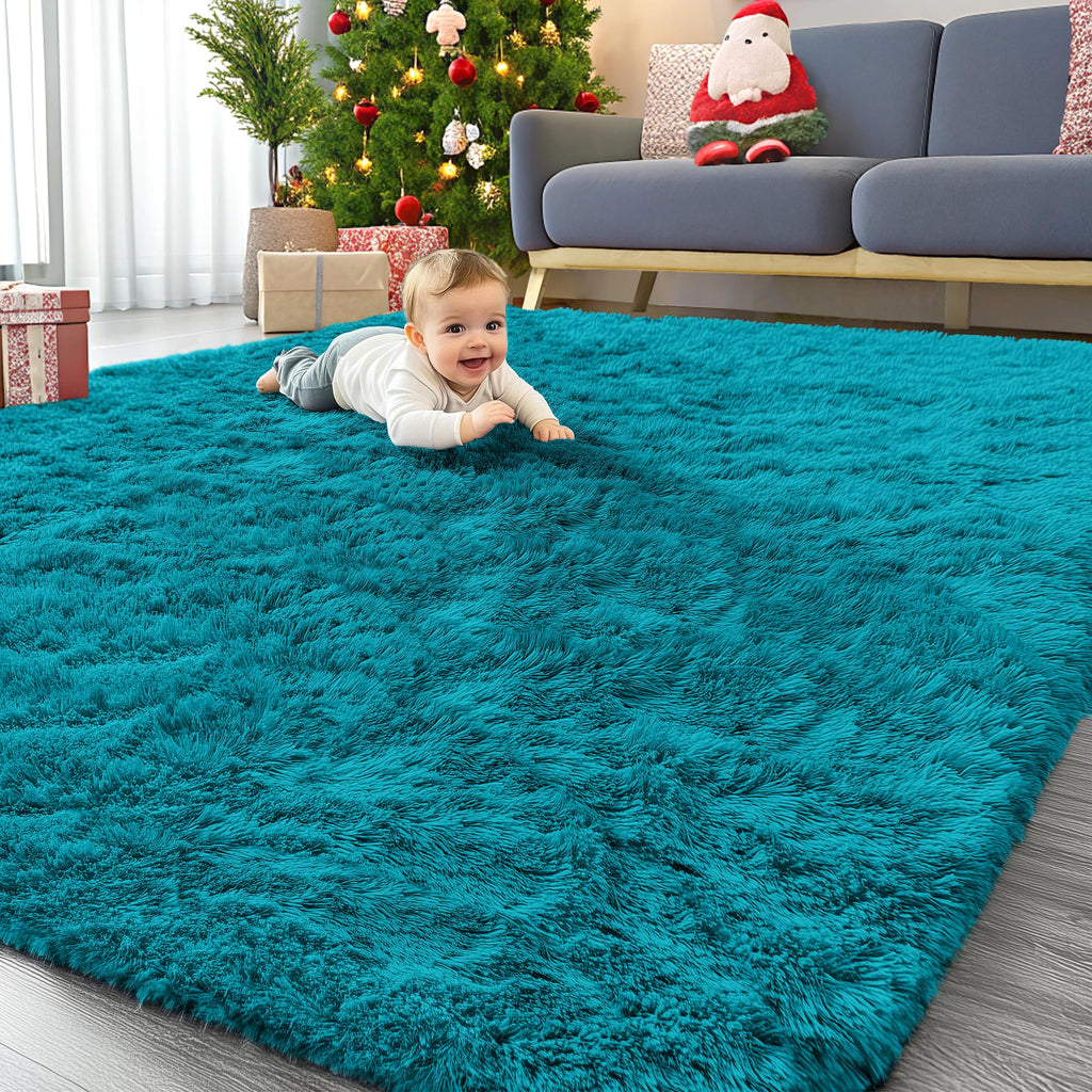 OLANLY 8x10 Machine Washable Large Area Rugs for Living Room, Bedroom, Soft Fluffy Shaggy Bedside Rug, Indoor Floor Carpet for Kids Girls and Boys, Dorms, Nursery, Home Decor Aesthetic, Teal