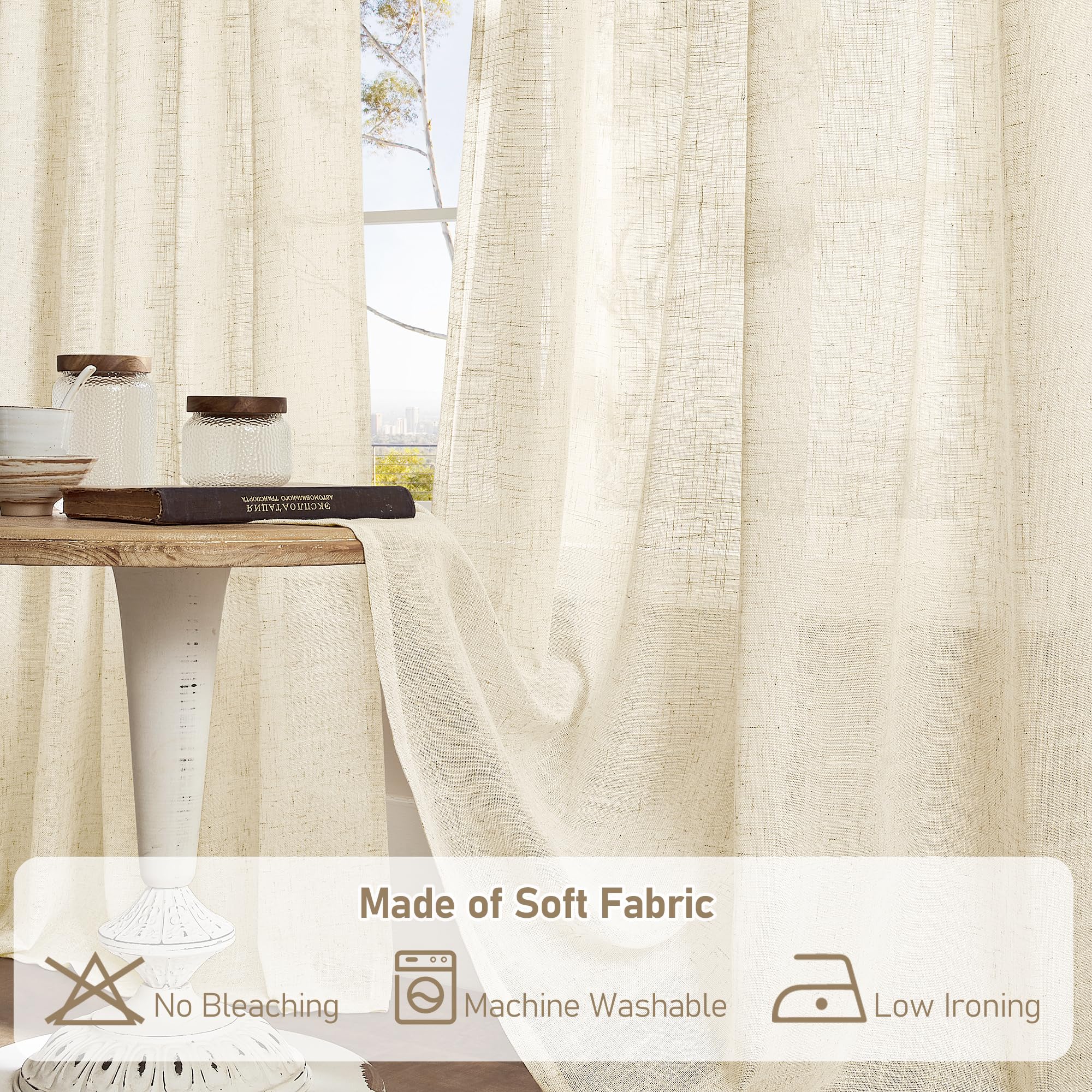 LAMIT Beige Faux Linen Curtains for Doorway Living Room 2 Panels Set