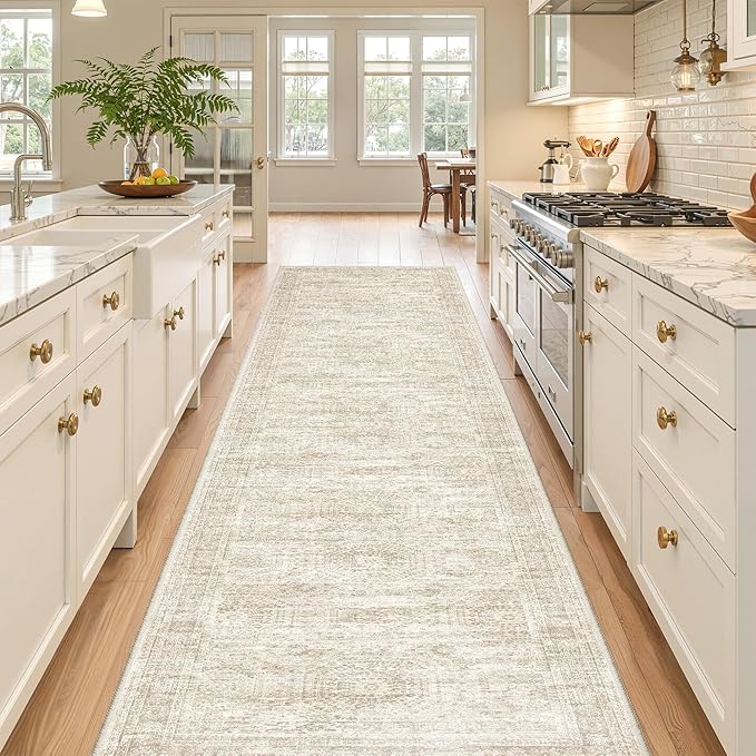 Washable Runner Rug 2.5x12, Non-Slip Long Bathroom Rugs Runner for Kitchen, Living Room, Bedroom, Soft Vintage Washable Rug for Entryway, Thin Floor Mat for Dining Room(2.5'x12', Beige/Ivory)