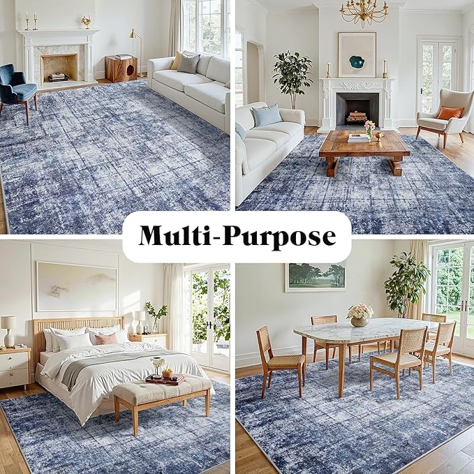 8x10 Washable Area Rug for Living Room Bedroom: Non-Slip Modern Navy Blue