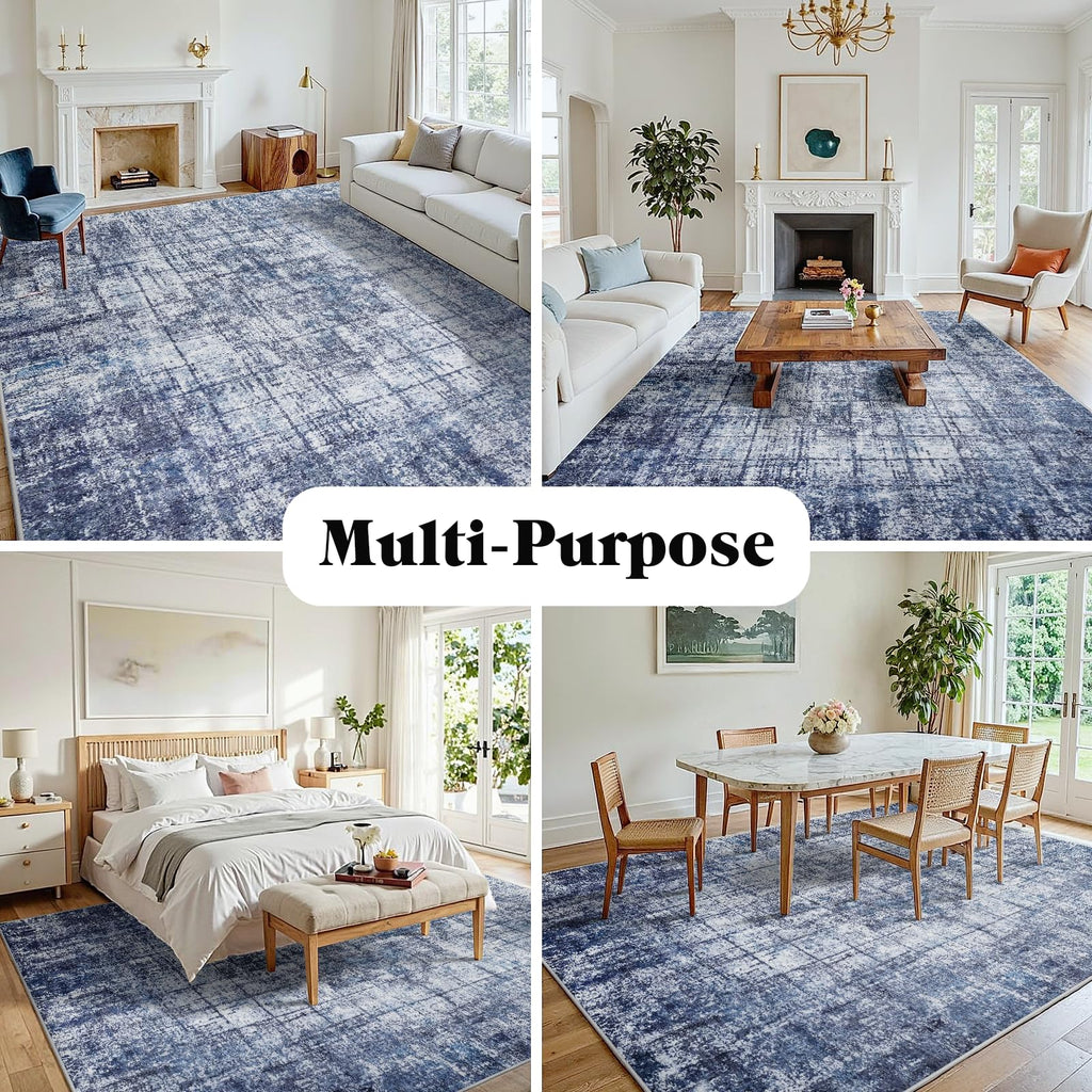 8x10 Washable Area Rug for Living Room Bedroom: Non-Slip Modern Navy Blue