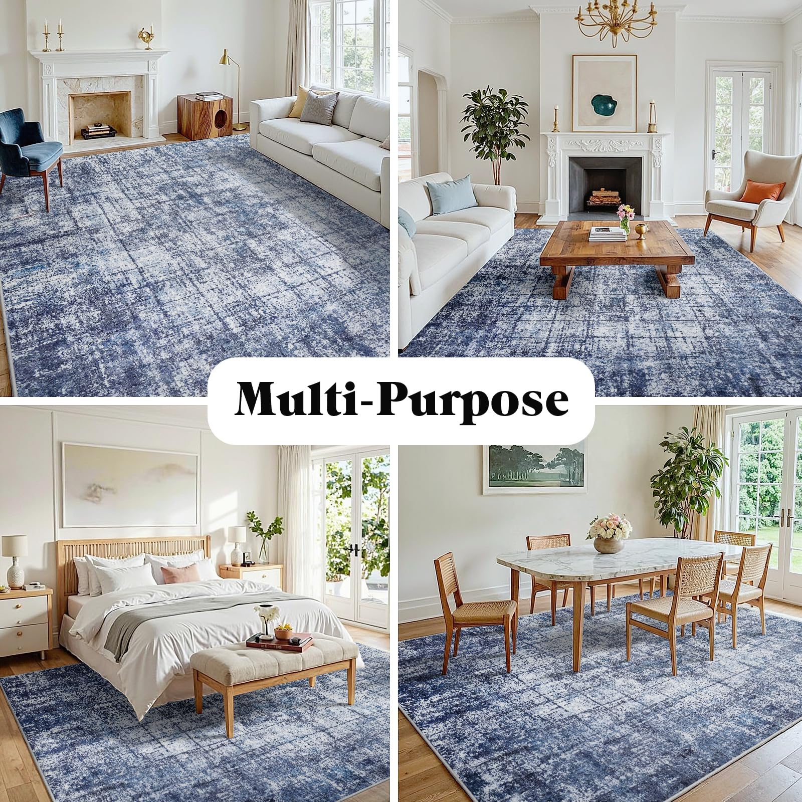 8x10 Washable Area Rug for Living Room Bedroom: Non-Slip Modern Navy Blue