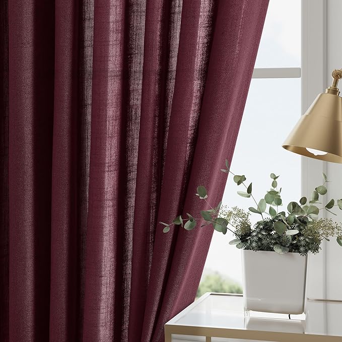 Nanspring Burgundy Linen Curtains Semi Sheer 96 Inches Long 2 Panels Set for Living Room Back Tab Rod Pocket Light Filtering Drape for Bedroom Modern Farmhouse Coastal Decor Protect Privacy 52x96