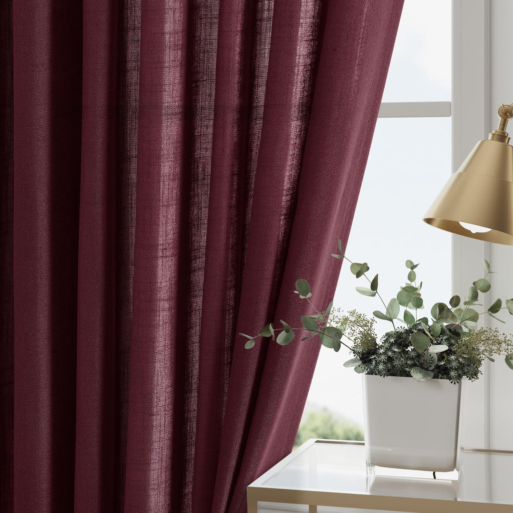 Burgundy Linen Curtains 90 Inch Long 2 Panels Set for Bedroom Living Room Linen Textured Window Drapes Semi Sheer Light Filtering Rod Pocket Back Tab Cotton Textured Farmhouse Curtain 52x90