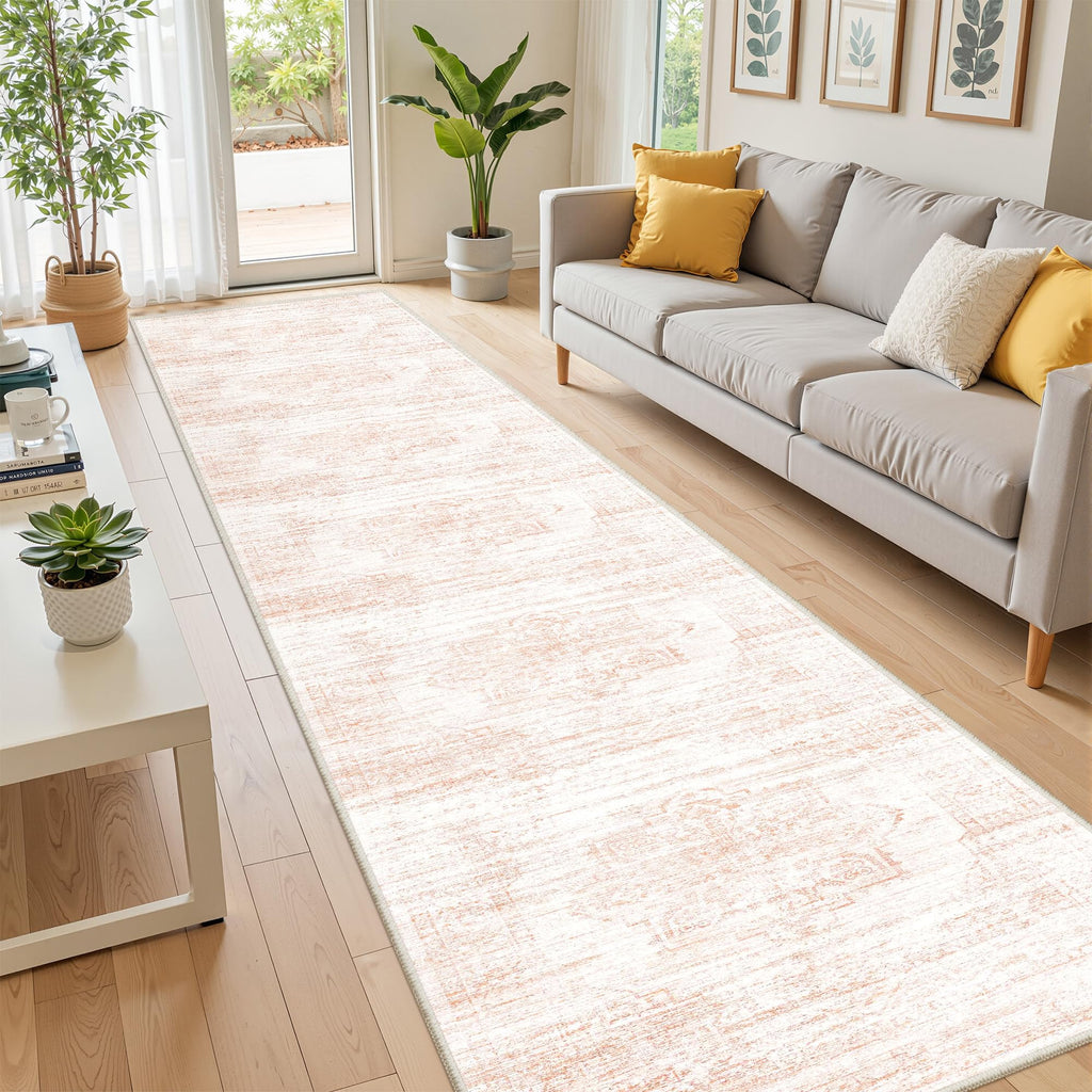 Restydon 2x12 Runner Rug, Long Hallway Rugs for Dining Room, Living Room, Bedroom, Machine Washable Kitchen Carpet Runner with Rubber Backing, Soft Low Pile Indoor Rug(2'x12', Pink/White)