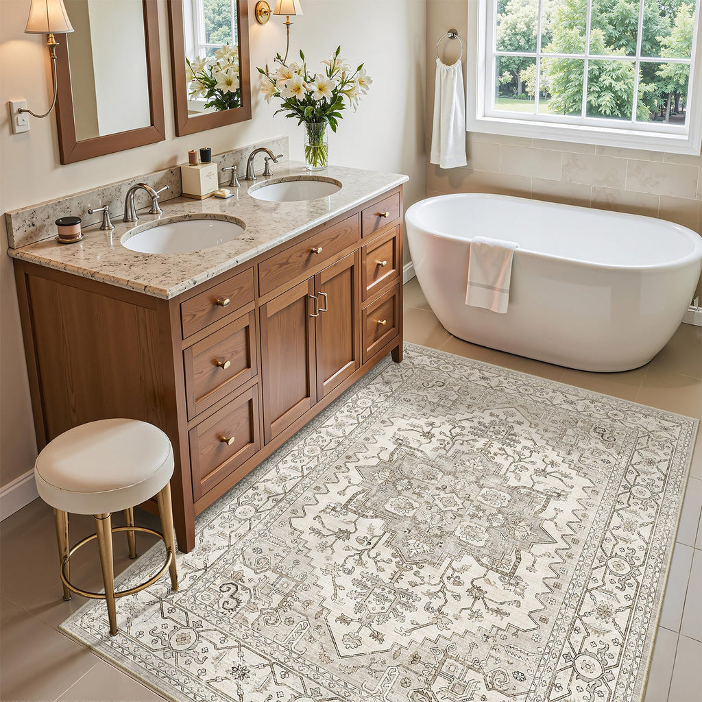 Madane Washable Entry Rug 3x4 Area Rugs for Entryway Kitchen, Beige/Brown