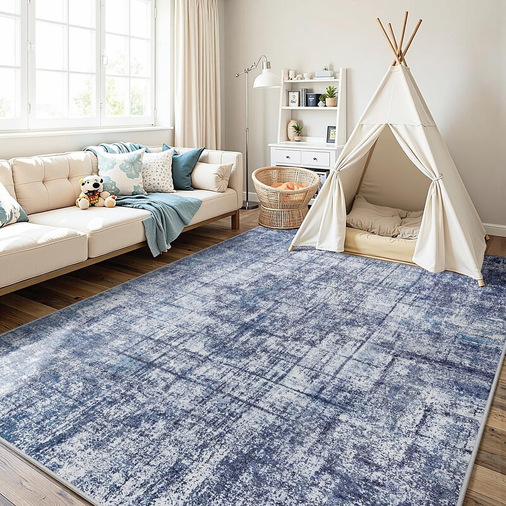 9x12 Washable Area Rug for Living Room Bedroom: Non-Slip Modern Navy Blue