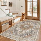 Madane Area Rug 4x6 Washable Rugs: Vintage Living Room Rug Soft Low Pile Non Slip Area Rugs Distressed Indoor Floor Carpet for Bedroom Kitchen Dining Room Home Decor, Turmeric/Grey
