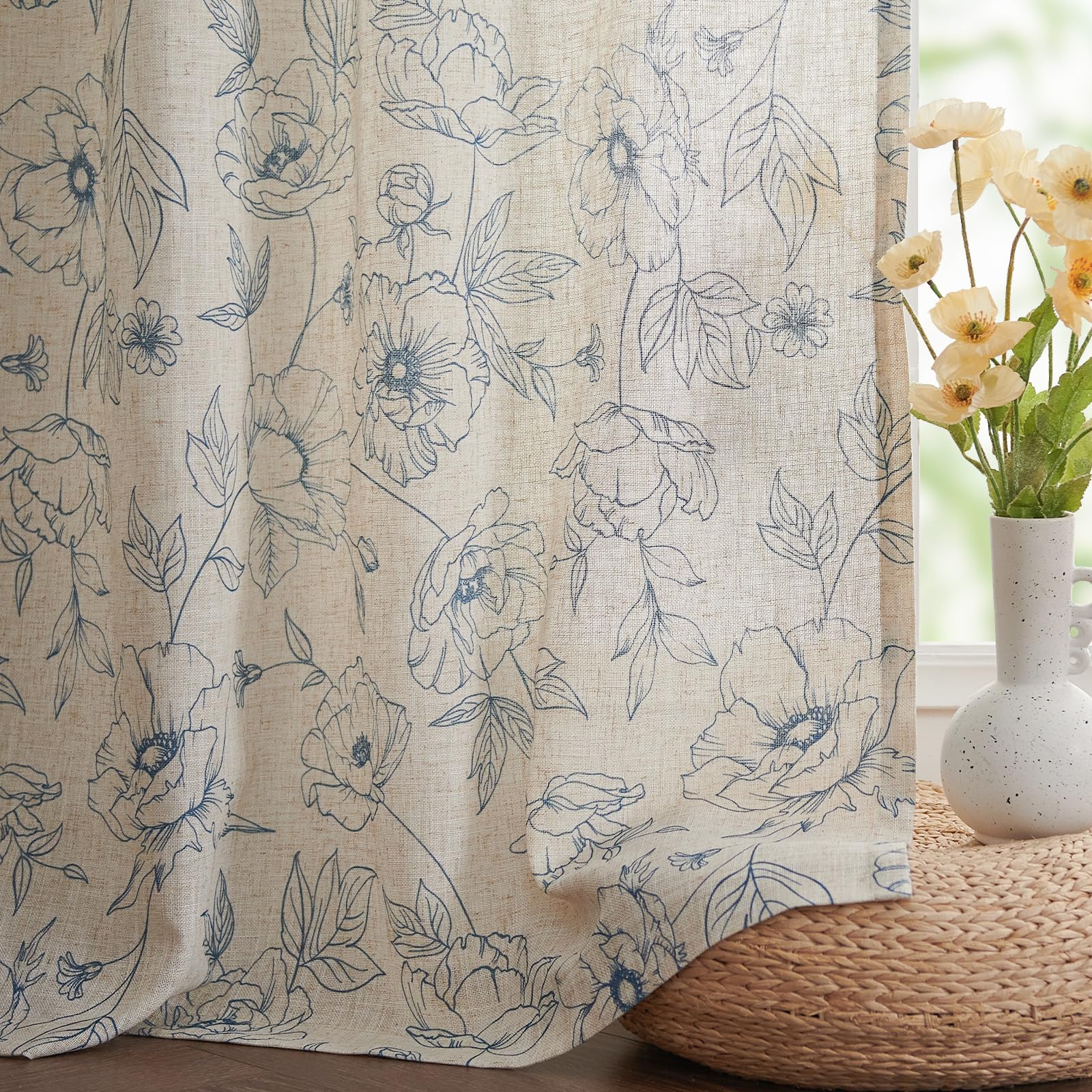 jinchan Floral Linen Curtains for Living Room 63 Inch Length Blue Flower Curtain Rod Pocket Back Tab Farmhouse Curtains with Printed Floral Bedroom Window Curtain Set, 2 Panels Blue