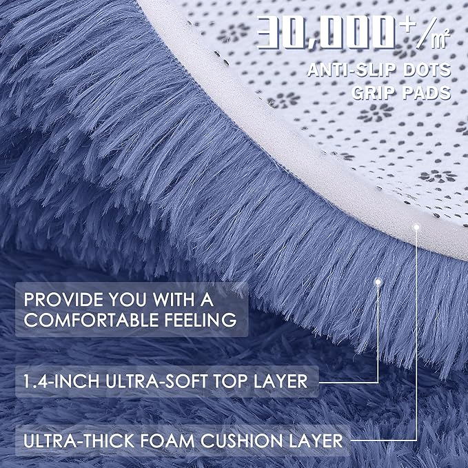 OLANLY Denim Blue Round Rugs for Bedroom - Machine Washable, 3 ft Circle Area Rugs for Living Room, Soft and Fluffy Shaggy Carpet for Teen Girl and Boys, Nursery Rooms, Dorms, Home Decor Aesthetic