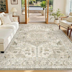 Madane 6x9 Area Rugs for Living Room, Stain Resistant Washable Rugs, Non-Slip Backing Area Rug, Vintage Home Decor Rug for Bedroom (Ivory/Brown, 6'x9')