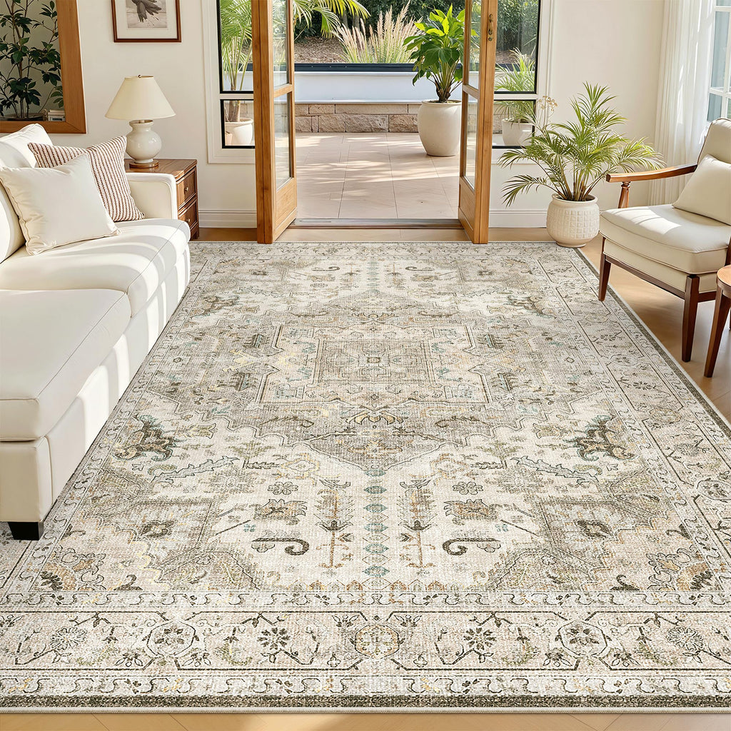 Madane 6x9 Area Rugs for Living Room, Vintage Washable Rug, Ivory/Brown