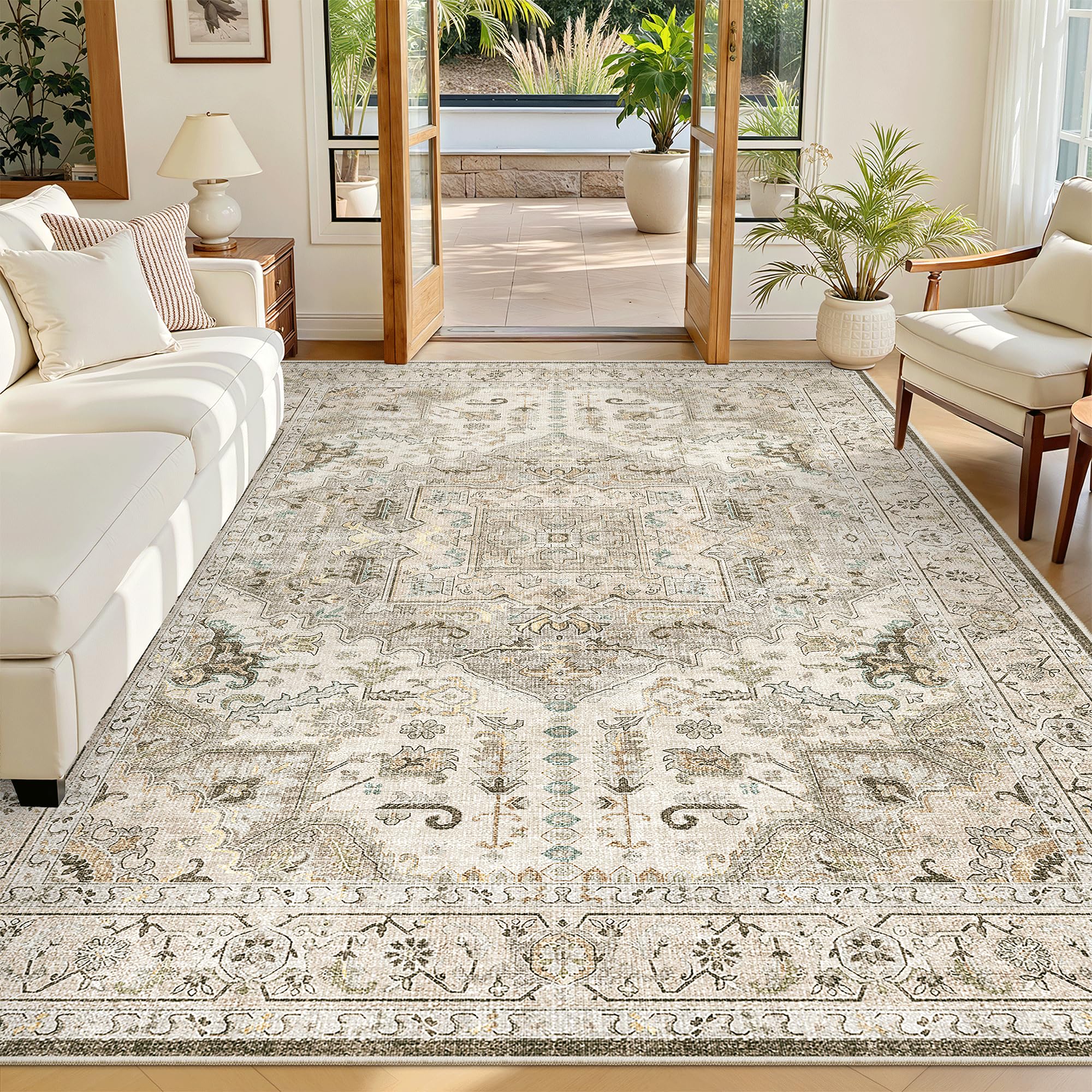 Madane 6x9 Area Rugs for Living Room, Vintage Washable Rug, Ivory/Brown